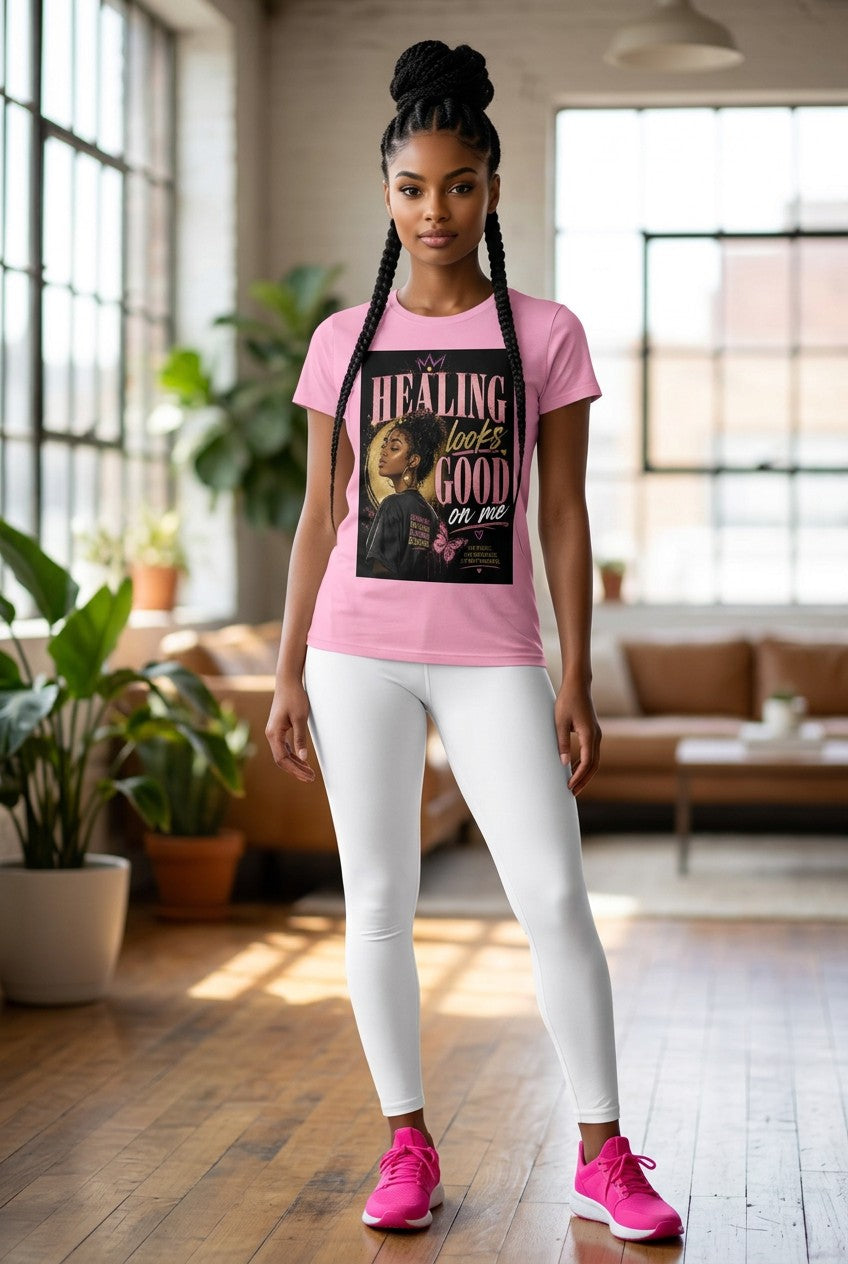 Woman wearing a pink t-shirt with a graphic design in a room with large windows and plants.