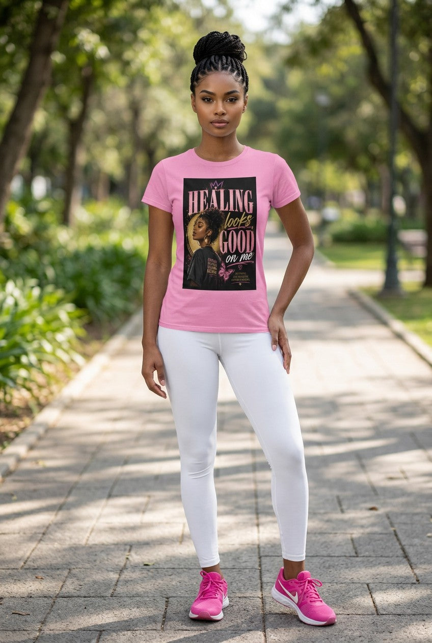 Woman wearing a pink t-shirt with a graphic design in a park