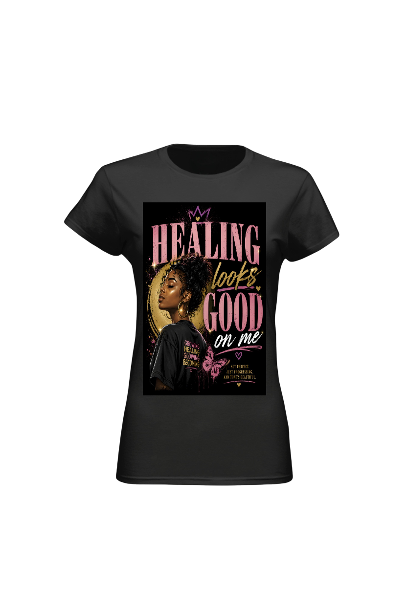Black t-shirt with a graphic design featuring text and an image of a person on a white background