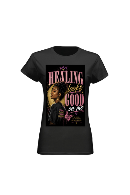 Black t-shirt with a graphic design featuring text and an image of a person on a white background