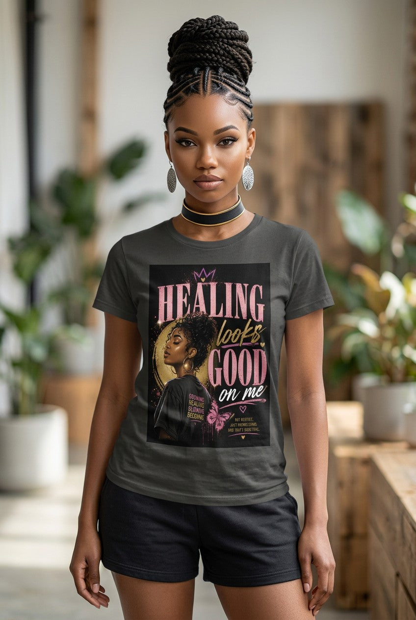 Woman wearing a t-shirt with a graphic design and text in an indoor setting