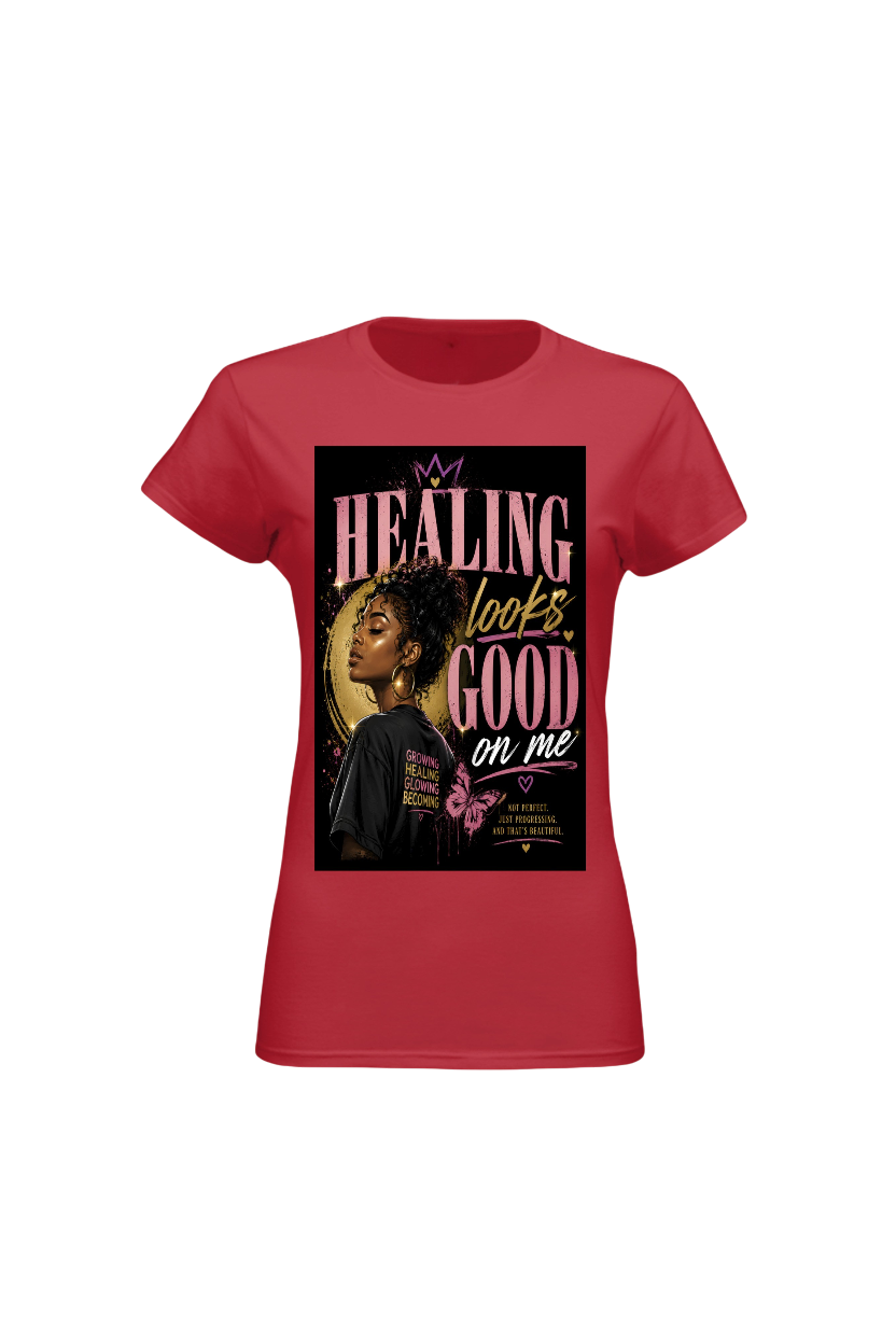 Red t-shirt with a graphic design featuring a woman's face and text on a white background