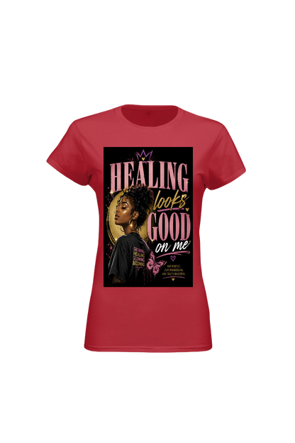 Red t-shirt with a graphic design featuring a woman's face and text on a white background