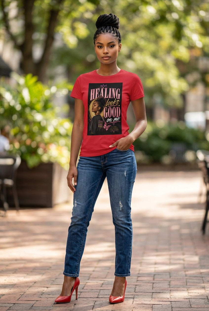 Woman wearing a red t-shirt with a graphic design and text, standing outdoors.