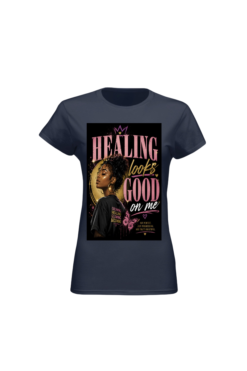 Navy blue t-shirt with a graphic design featuring a woman and text on a white background