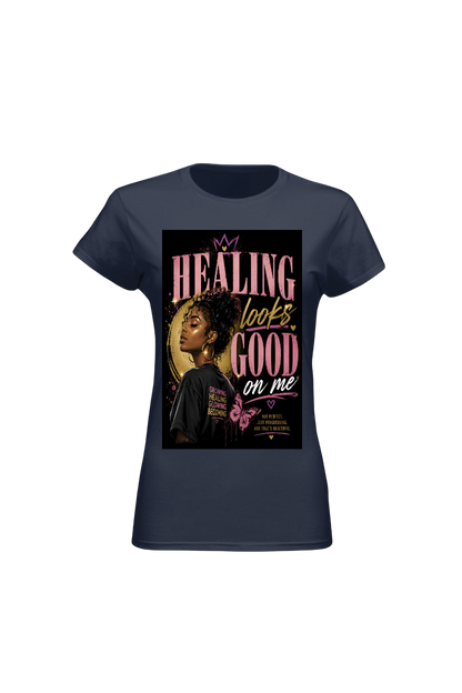 Navy blue t-shirt with a graphic design featuring a woman and text on a white background