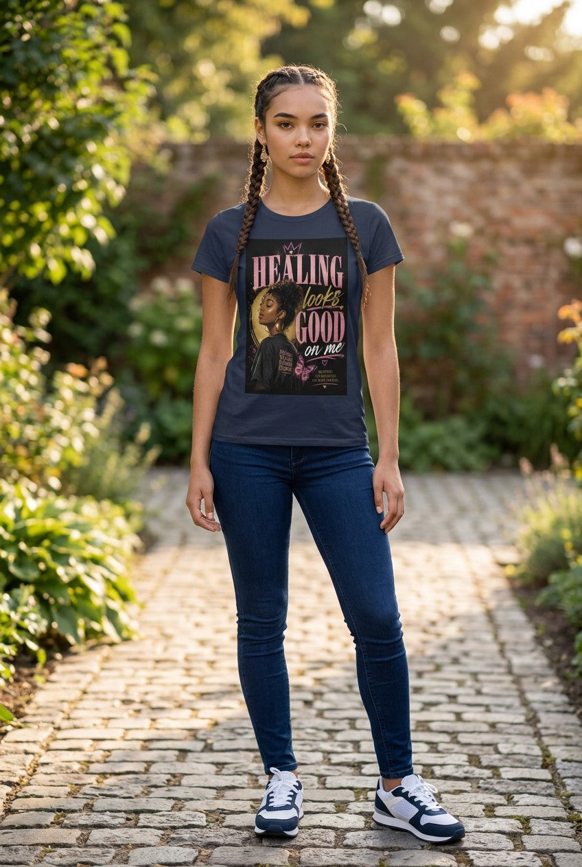Person wearing a t-shirt with a graphic design in an outdoor setting