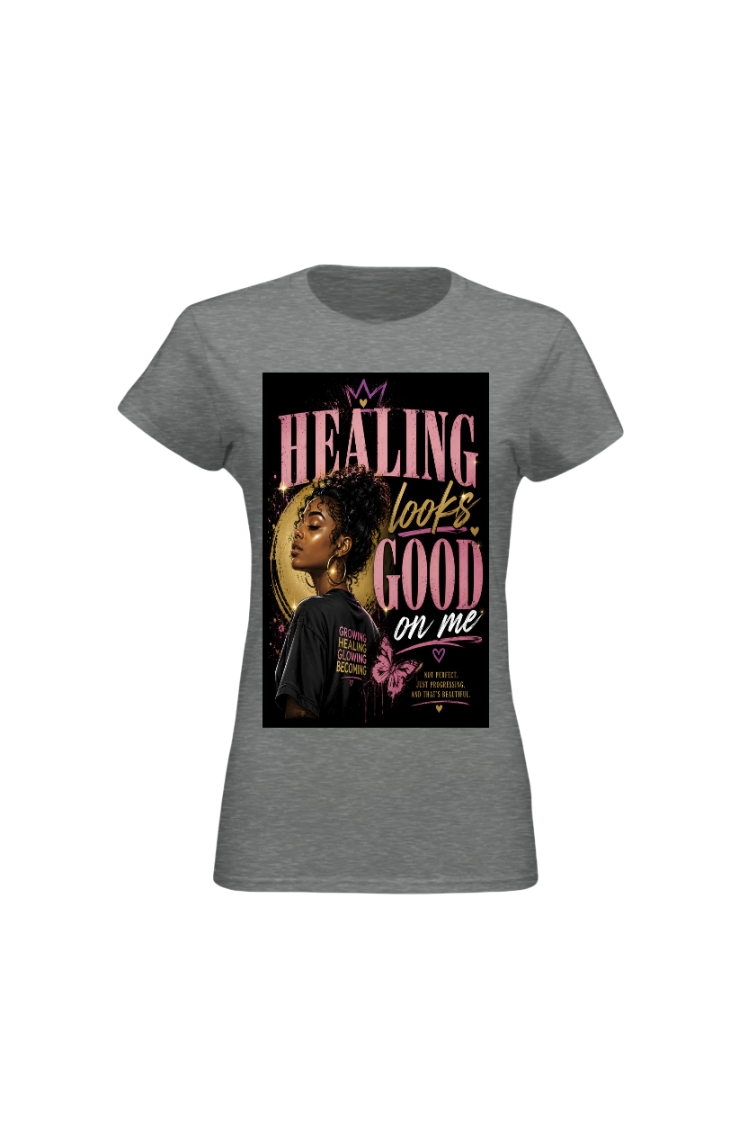 Gray t-shirt with a graphic design featuring a woman and text on a white background