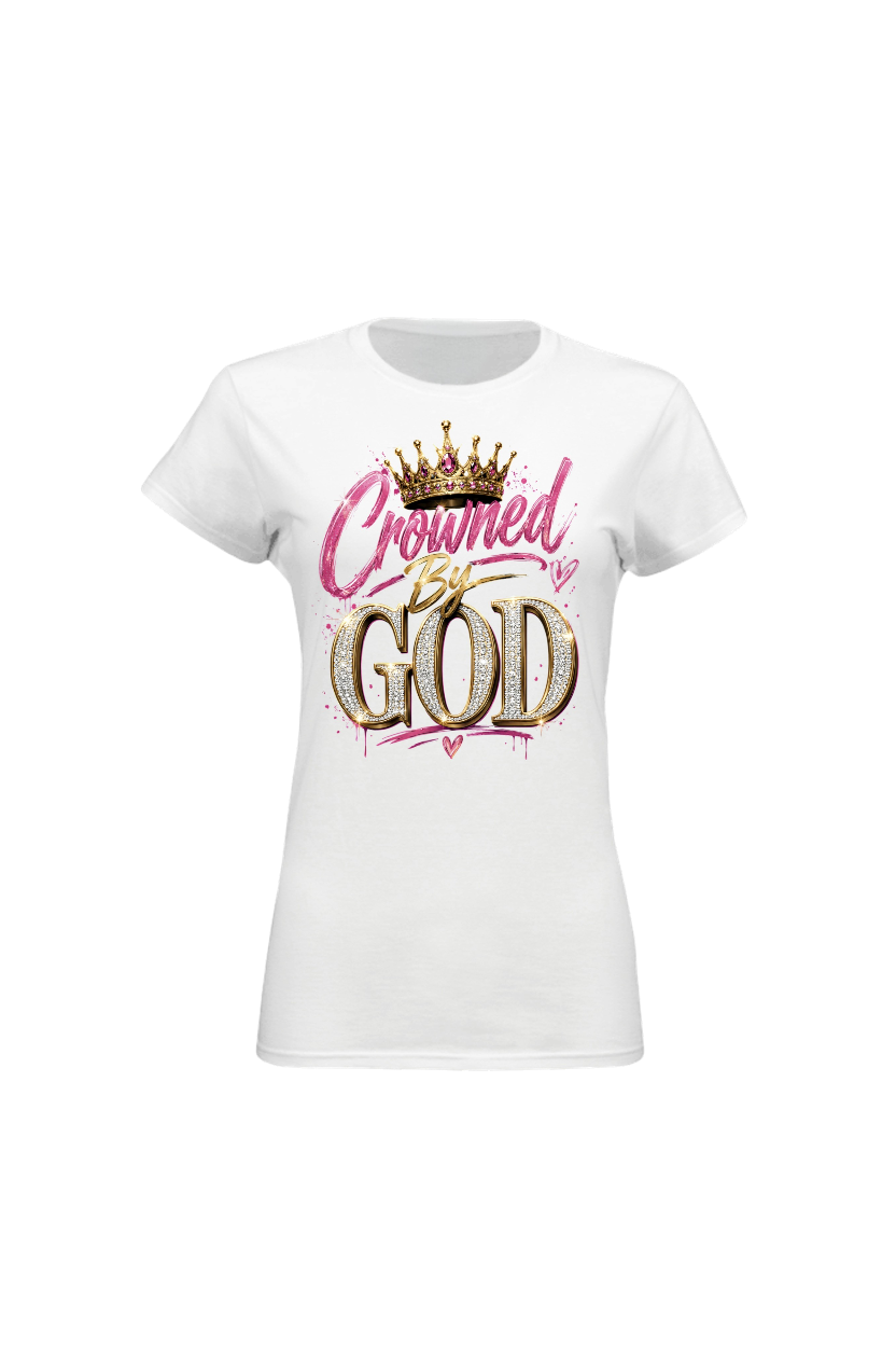 White t-shirt with 'Crowned by God' text and crown graphic on a white background