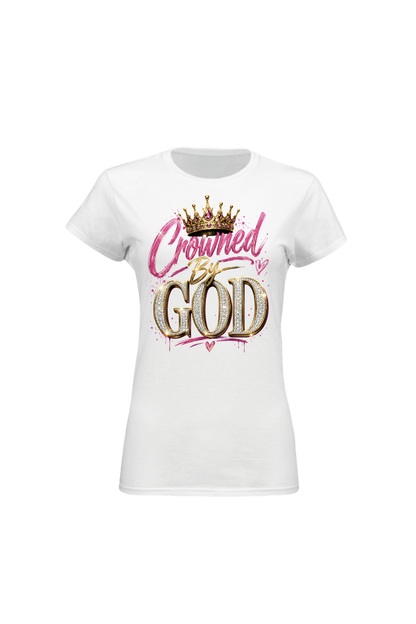 White t-shirt with 'Crowned by God' text and crown graphic on a white background