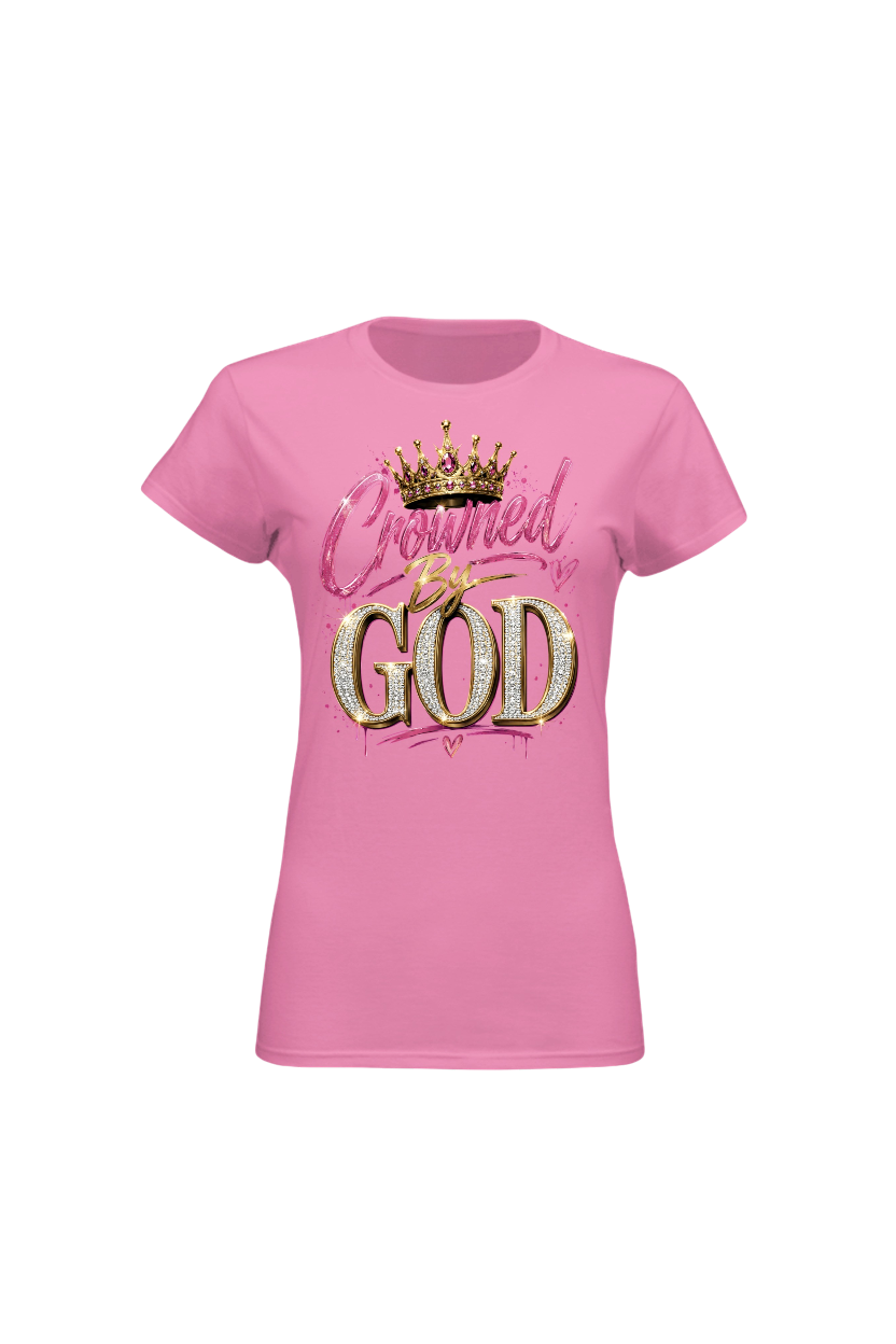 Pink t-shirt with 'Crowned by God' text and crown graphic on a white background