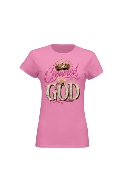 Pink t-shirt with 'Crowned by God' text and crown graphic on a white background