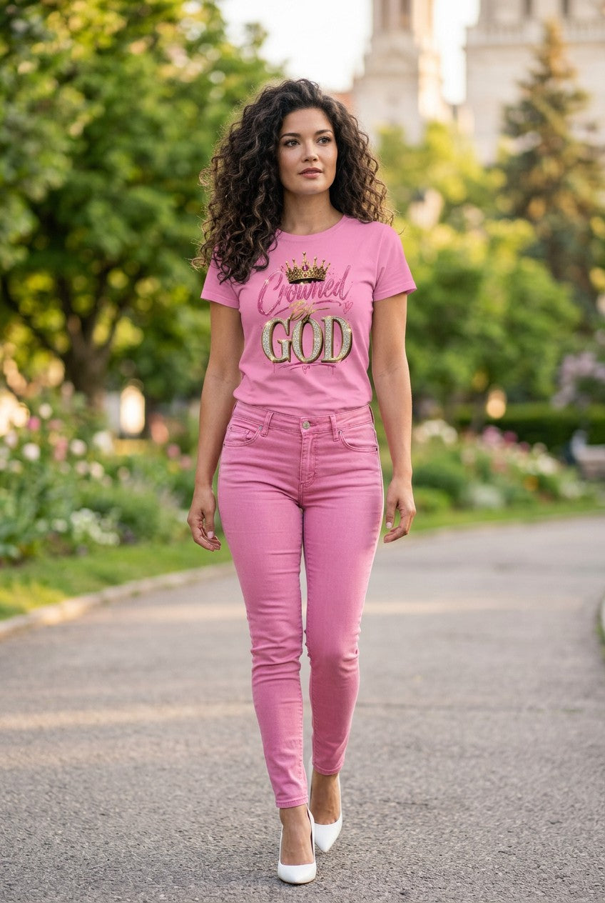 Woman wearing a pink t-shirt with 'Crowned by God' text in an outdoor setting.