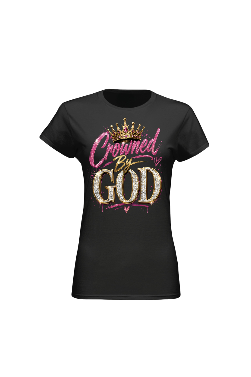 Black t-shirt with 'Crowned By God' text and crown graphic on a white background