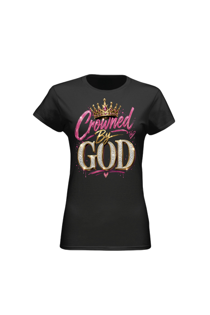 Black t-shirt with 'Crowned By God' text and crown graphic on a white background