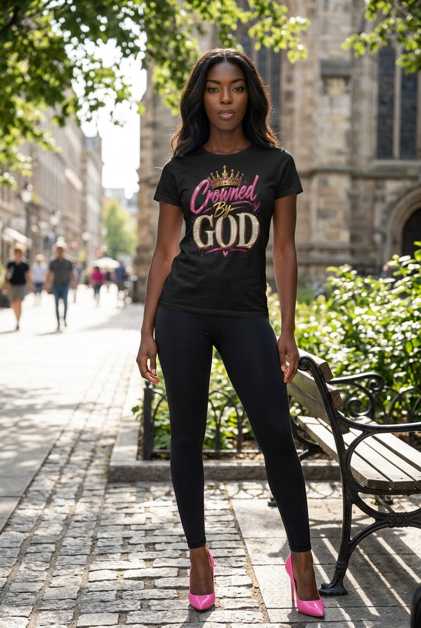 Woman wearing a black t-shirt with 'Crowned by God' text in an urban setting