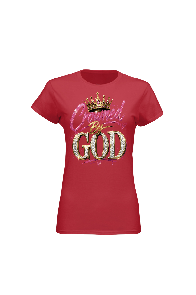 Red t-shirt with 'Crowned By God' text and crown graphic on a white background
