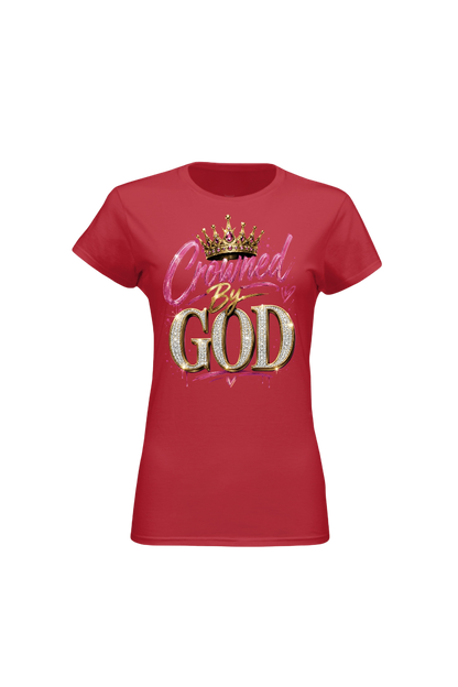 Red t-shirt with 'Crowned By God' text and crown graphic on a white background