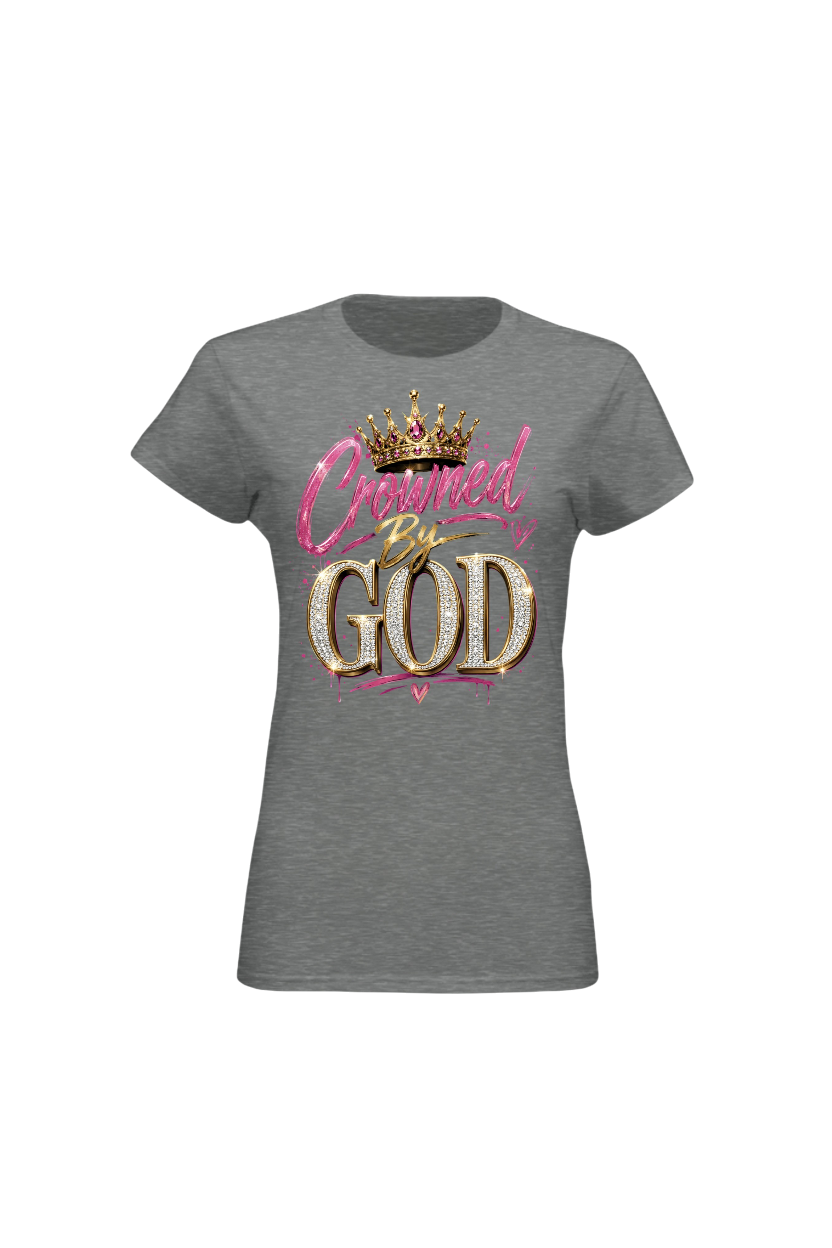 Gray t-shirt with 'Crowned by God' text and crown graphic on a white background