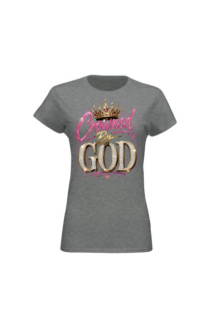 Gray t-shirt with 'Crowned by God' text and crown graphic on a white background