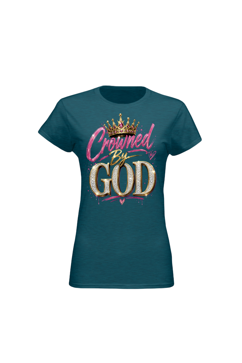 Teal t-shirt with 'Crowned By God' text and crown graphic on a white background