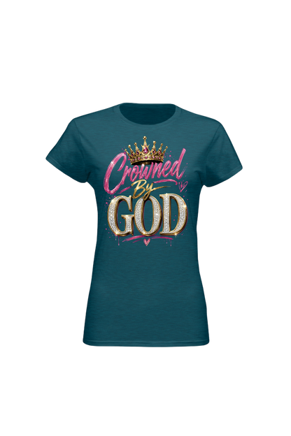 Teal t-shirt with 'Crowned By God' text and crown graphic on a white background