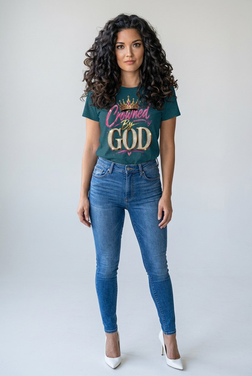 Woman wearing a teal t-shirt with 'Crowned by God' text and blue jeans on a white background