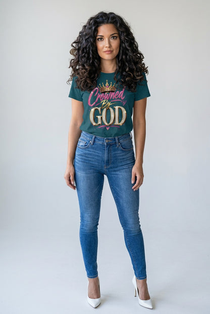 Woman wearing a green t-shirt with 'Crowned by God' text and blue jeans on a white background