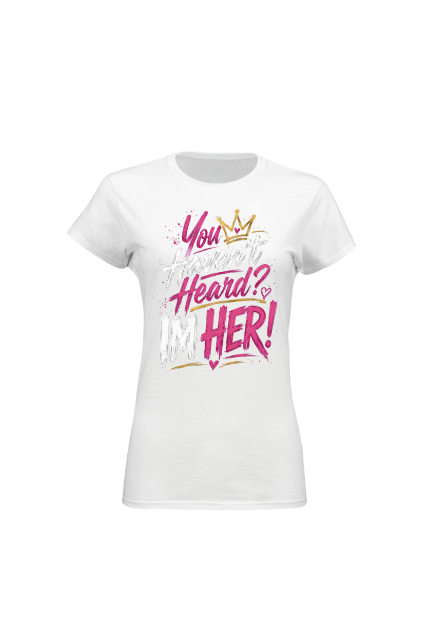 White t-shirt with colorful text design on a white background