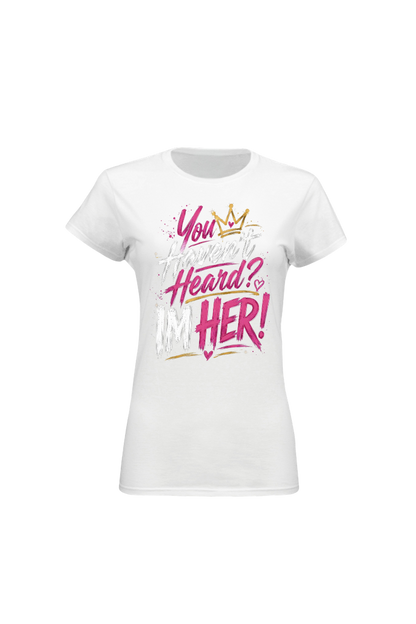 White t-shirt with colorful text design on a white background