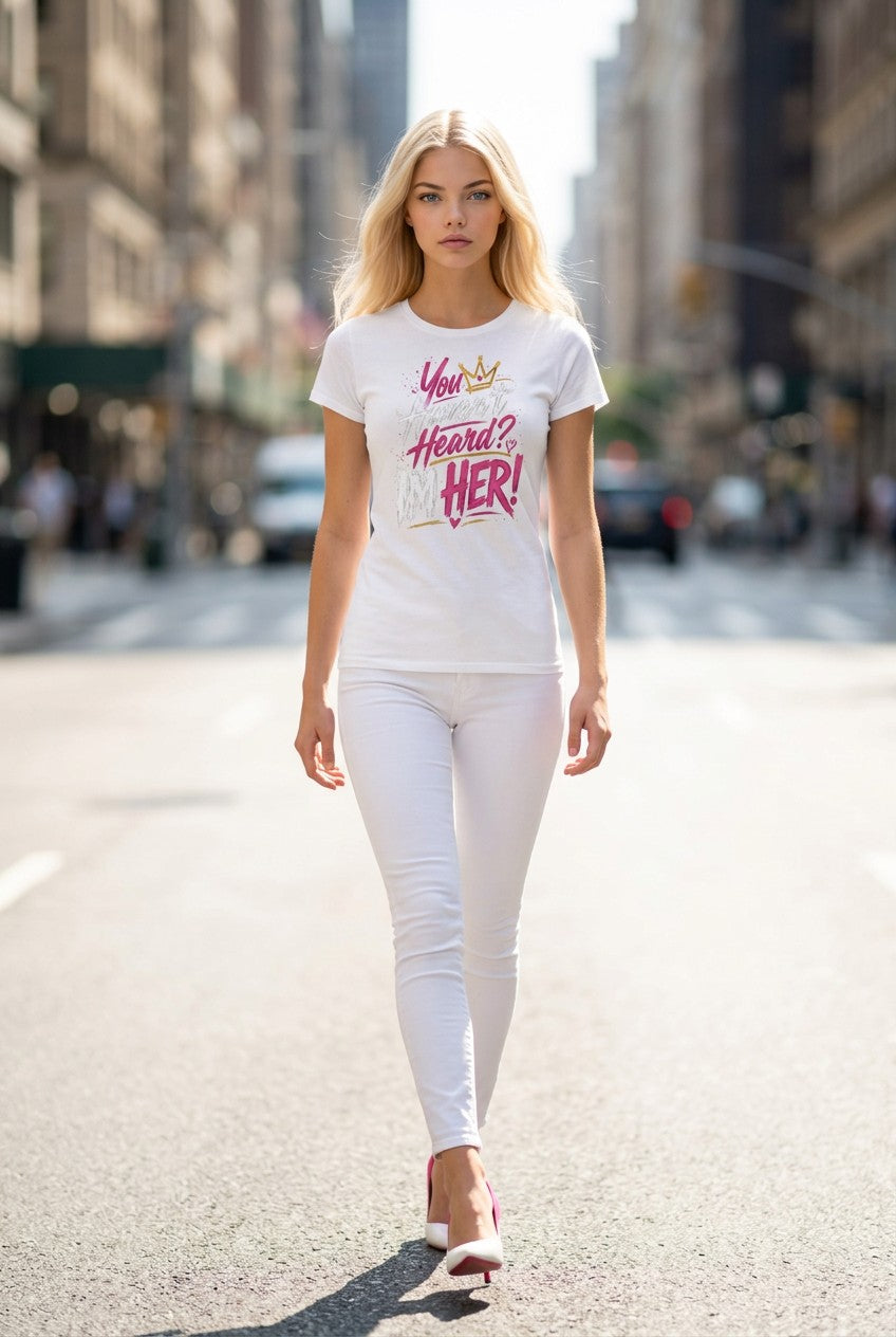 Woman walking on a city street wearing a white t-shirt with pink text.