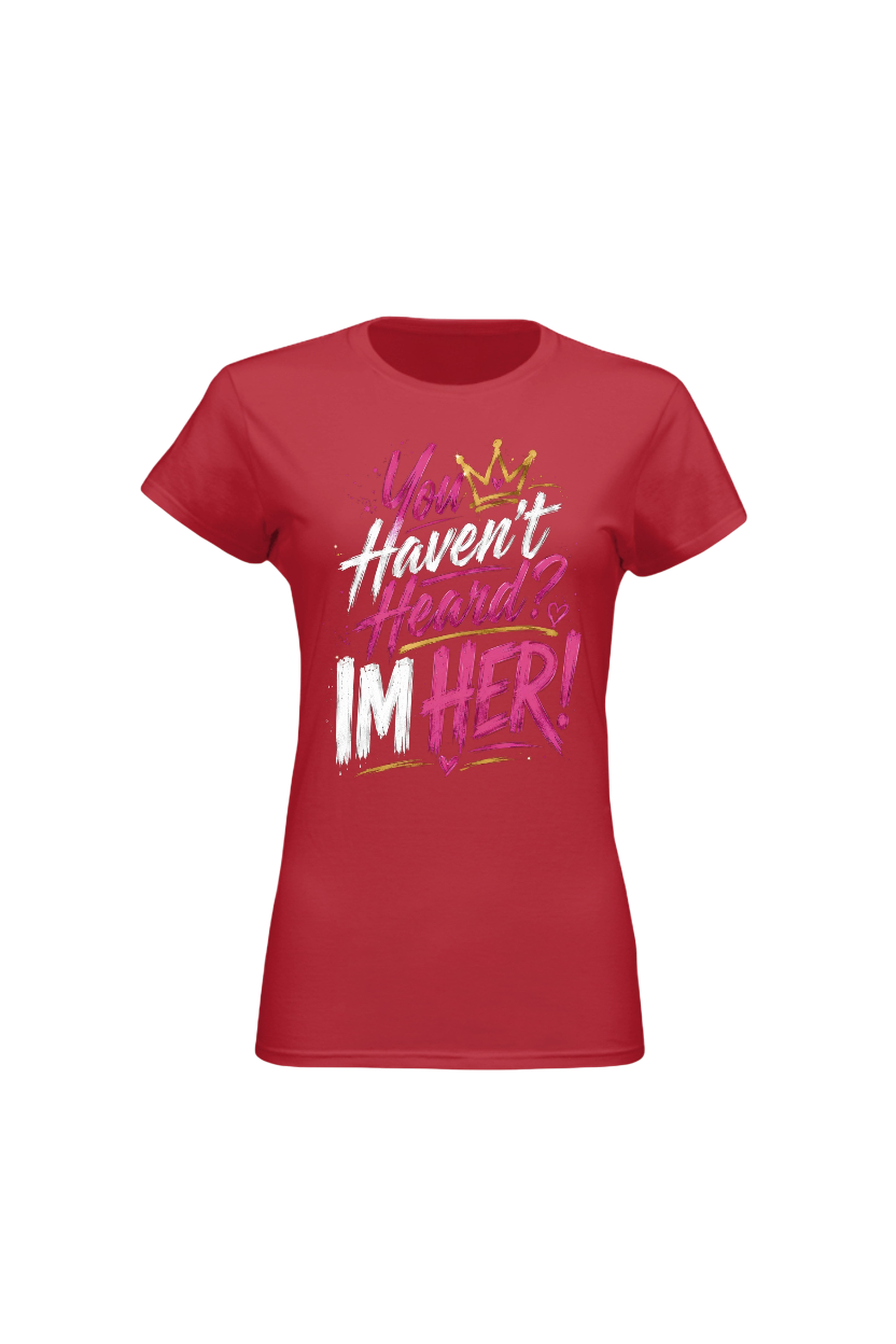 Red t-shirt with pink and white text on a white background