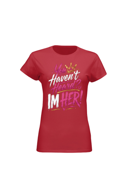 Red t-shirt with pink and white text on a white background