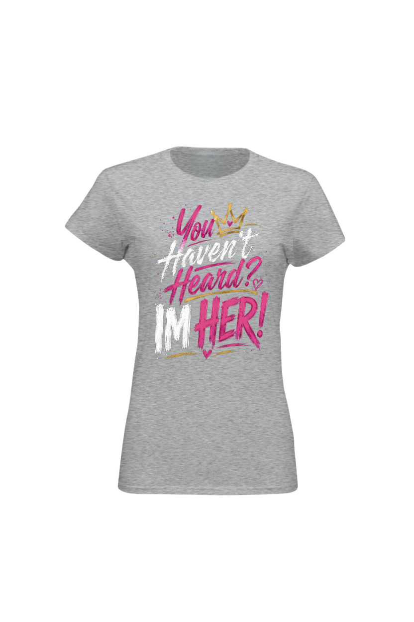 Gray t-shirt with colorful text design on a white background