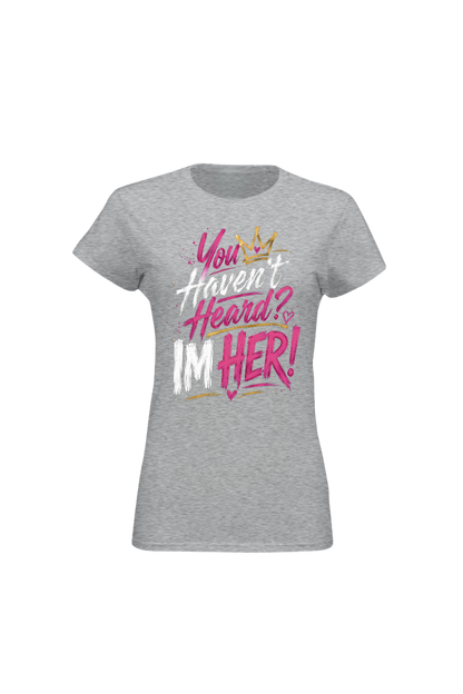 Gray t-shirt with colorful text design on a white background