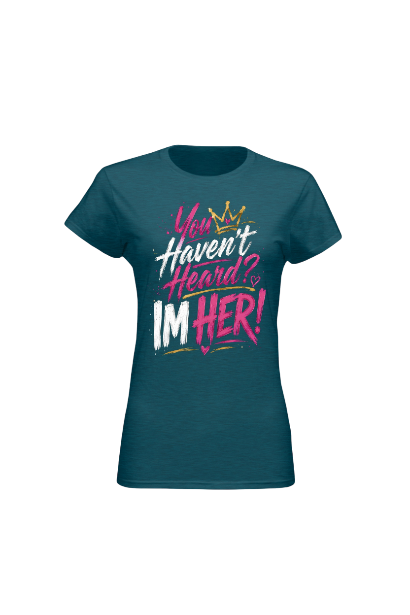 Teal t-shirt with colorful text design on a white background