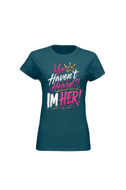 Teal t-shirt with colorful text design on a white background