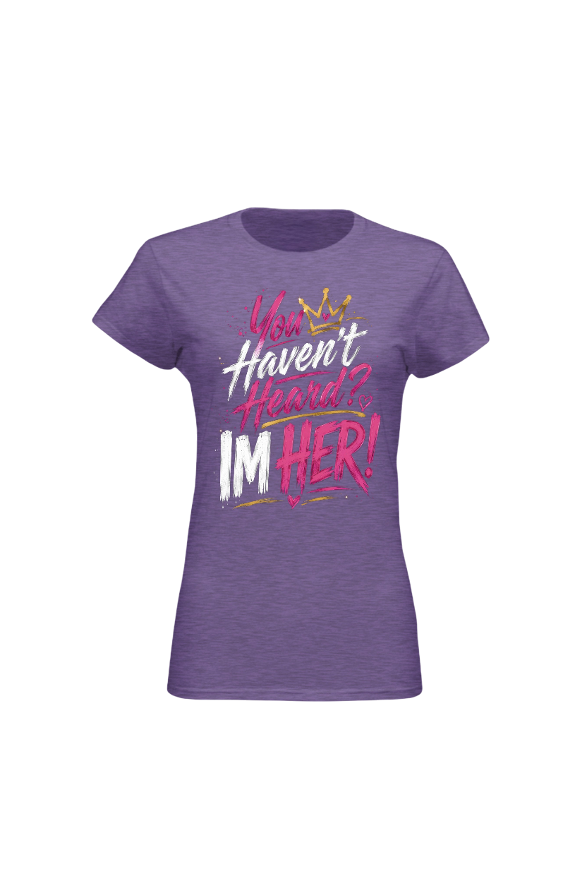 Purple t-shirt with colorful text design on a white background