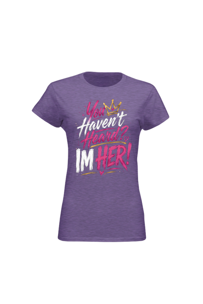 Purple t-shirt with colorful text design on a white background