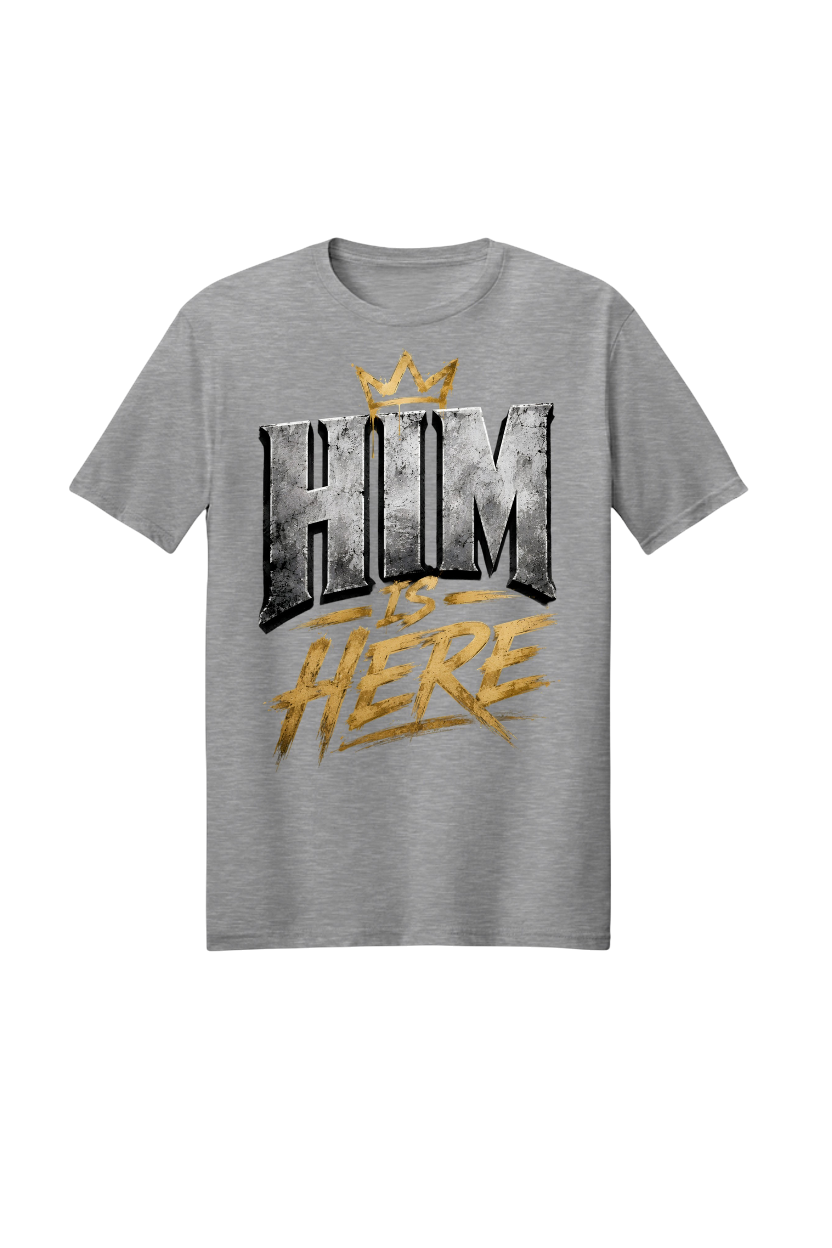 Gray t-shirt with 'HEM IS HERE' text design on a white background