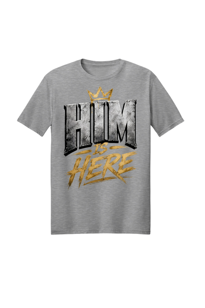 Gray t-shirt with 'HEM IS HERE' text design on a white background
