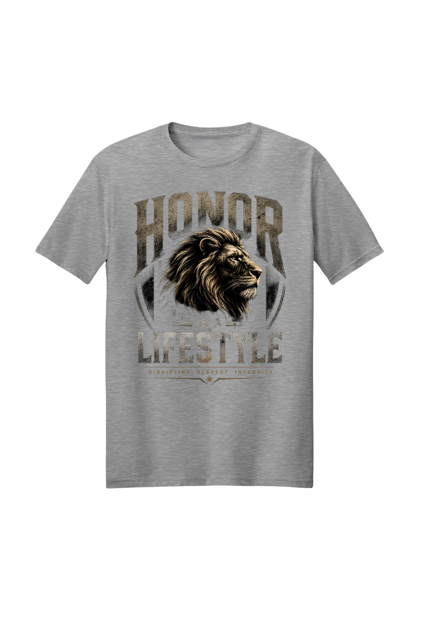 Gray t-shirt with lion graphic and 'Honor Lifestyle' text on a white background