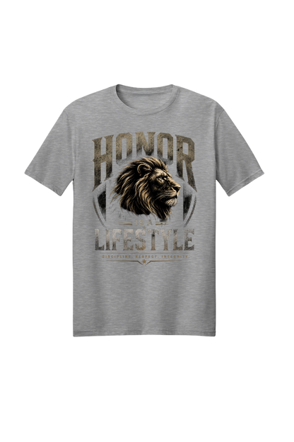 Gray t-shirt with lion graphic and 'Honor Lifestyle' text on a white background