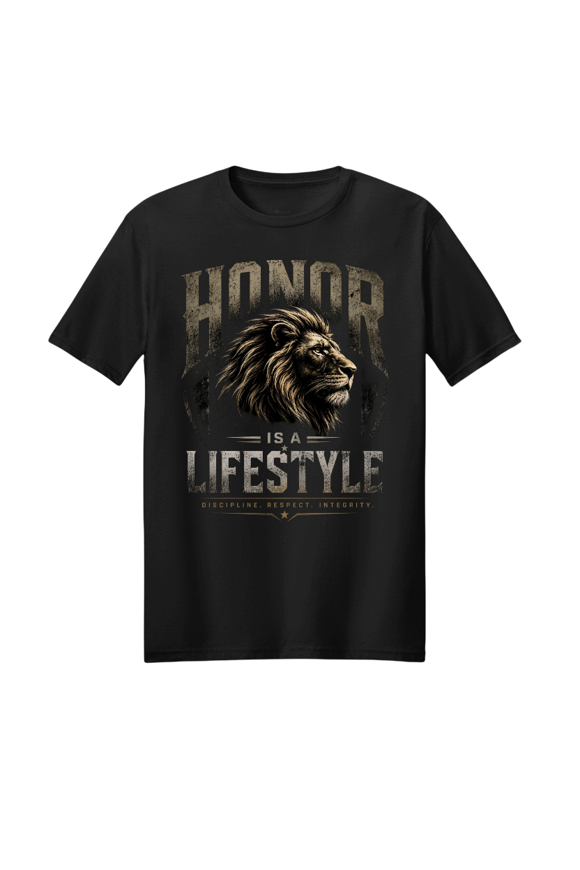 Black t-shirt with lion graphic and text 'Honor is a Lifestyle' on a white background