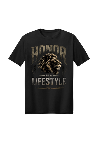 Black t-shirt with lion graphic and text 'Honor is a Lifestyle' on a white background