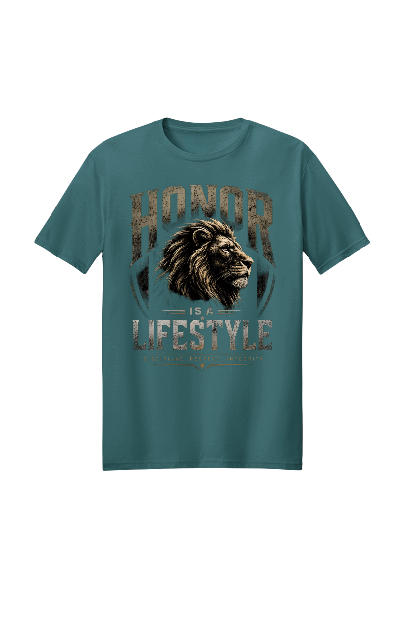 Teal t-shirt with lion graphic and 'Honor is a Lifestyle' text on a white background