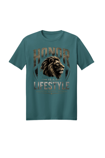 Teal t-shirt with lion graphic and 'Honor is a Lifestyle' text on a white background