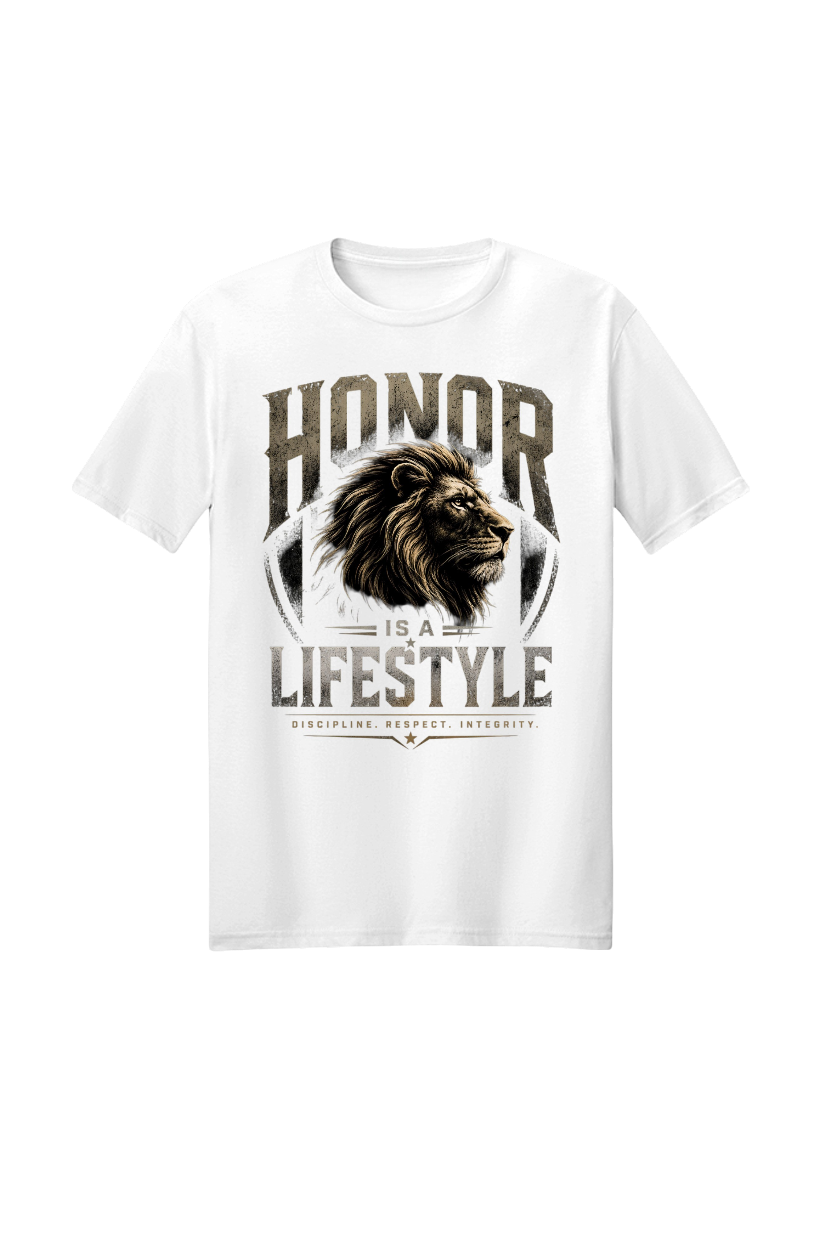 White t-shirt with a lion graphic and text on a white background