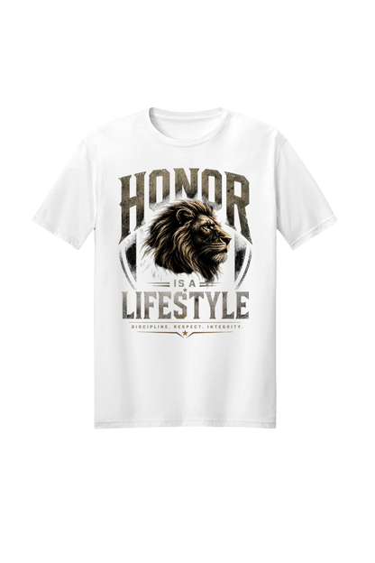 White t-shirt with a lion graphic and text on a white background