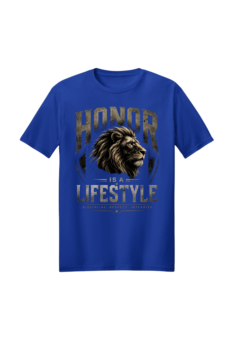 Blue t-shirt with lion graphic and text 'Honor is a Lifestyle' on a white background